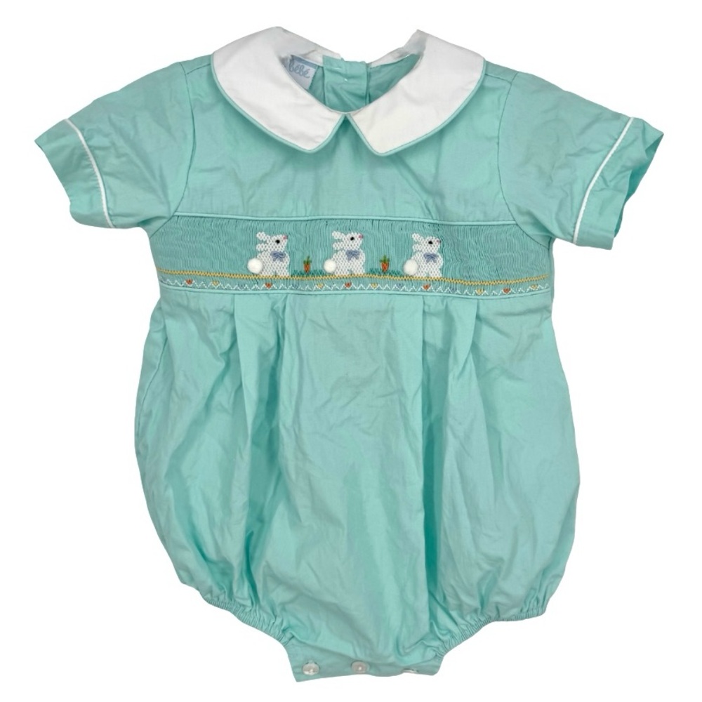 Petit Bebe Boys 9M Smocked Easter Bunnies Teal Bubble Spring Rabbit Short Sleeve